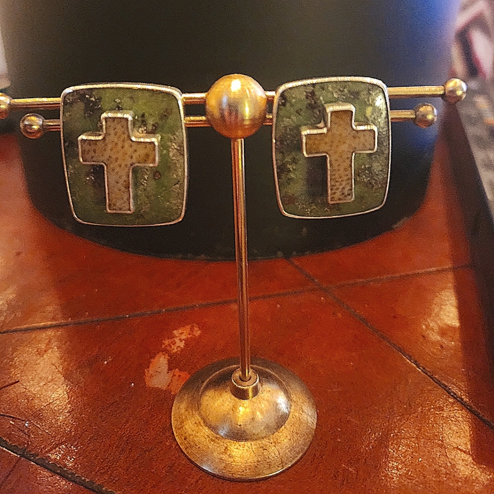 Darla N Variscite Petrified Palmwood Sterling Silver Earring Mexican Large Cross